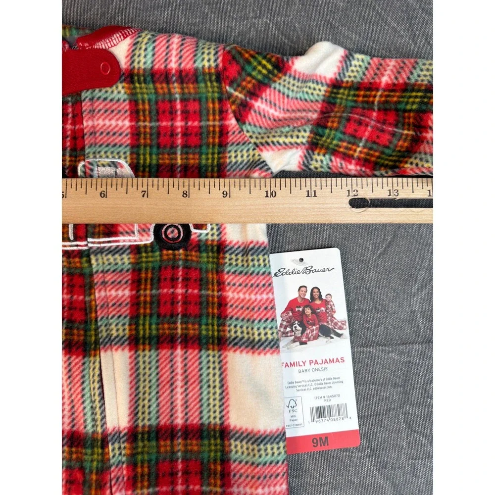 Eddie Bauer Footed Sleeper Kids 9M Family Pajama Red Plaid Fleece NEW